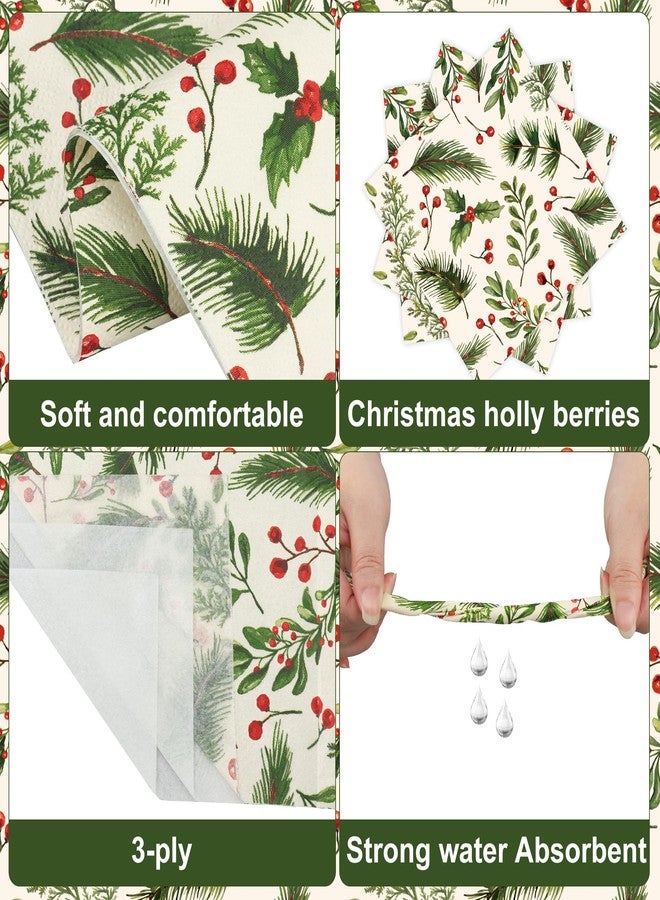 peony man 100PCS Christmas Holly Cocktail Napkins 5" X 5" Holly Berries and Pine Paper Napkins Xmas 3-Ply Disposable Beverage Napkins for Holiday Christmas Events Dining Kitchen Tableware Party Supplies - Image 3